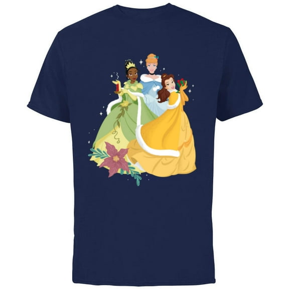 Disney Princess Tiana, Cinderella & Belle Holiday - Short Sleeve Cotton T-Shirt for Adults - Customized-Navy