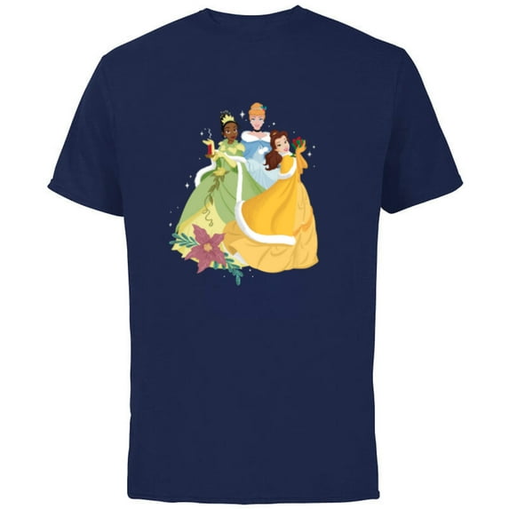Disney Princess Tiana Cinderella and Belle Christmas Holiday - Short Sleeve Cotton T-Shirt for Adults - Customized-Navy