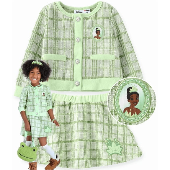Disney Princess Tiana Girls Skirts Set Preppy Plaid Tweed Jackets and Skirts 2 Pieces Outfit Sizes 2-6