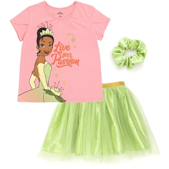 Disney Princess Tiana Little Girls T-Shirt Mesh Skirt and Scrunchie 3 Piece Outfit Set Toddler to Big Kid