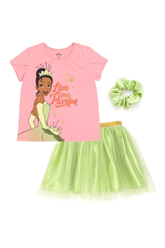Princess Tiana Toddler Girls T-Shirt Mesh Skirt and Scrunchie 3 Piece Outfit Set Toddler to Big Kid