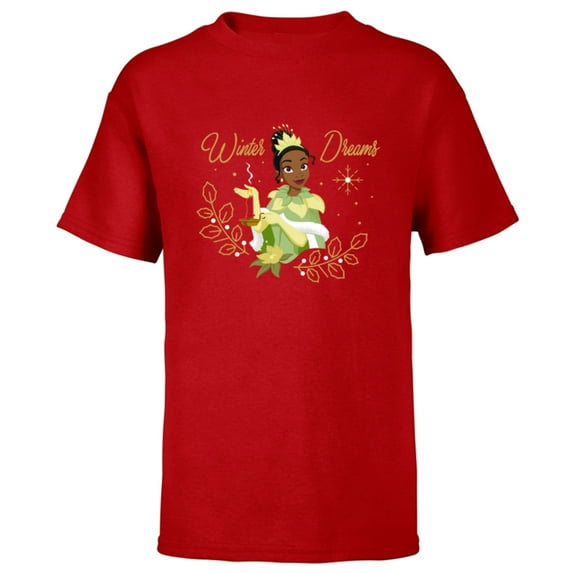 Disney Princess Tiana Winter Dreams Holiday Standard - Short Sleeve T-Shirt for Kids – Customized-Red