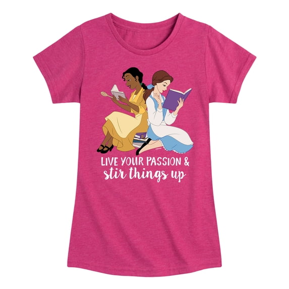 Disney Princess - Tiana and Belle Reading Live Your Passion Girls' Fitted Short Sleeve Graphic T-Shirt
