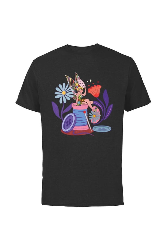 Princess Tinker Bell Fairy Buttons and Thread - Short Sleeve Cotton T-Shirt for Adults - Customized-Black