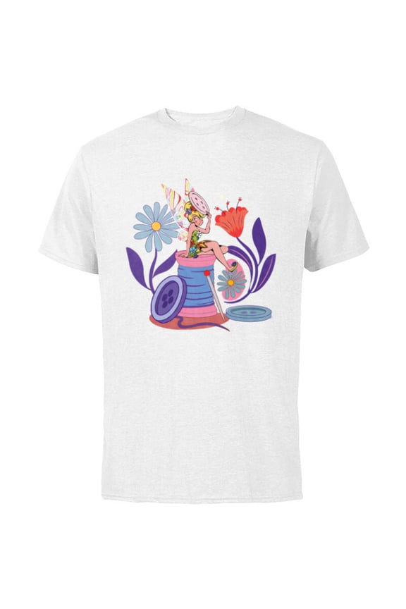Princess Tinker Bell Fairy Buttons and Thread - Short Sleeve Cotton T-Shirt for Adults - Customized-White
