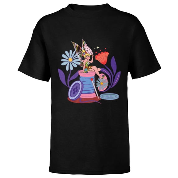 Disney Princess Tinker Bell Fairy Buttons and Thread - Short Sleeve T-Shirt for Kids - Customized-Black