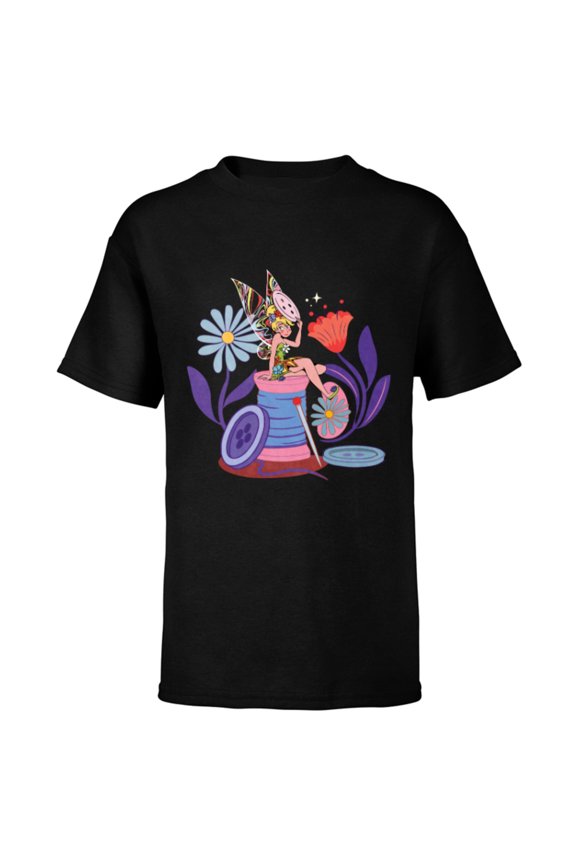 Princess Tinker Bell Fairy Buttons and Thread - Short Sleeve T-Shirt for Kids - Customized-Black