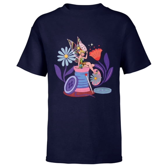 Disney Princess Tinker Bell Fairy Buttons and Thread - Short Sleeve T-Shirt for Kids - Customized-Navy