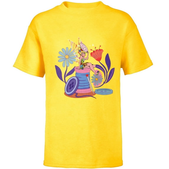 Disney Princess Tinker Bell Fairy Buttons and Thread - Short Sleeve T-Shirt for Kids - Customized-Yellow