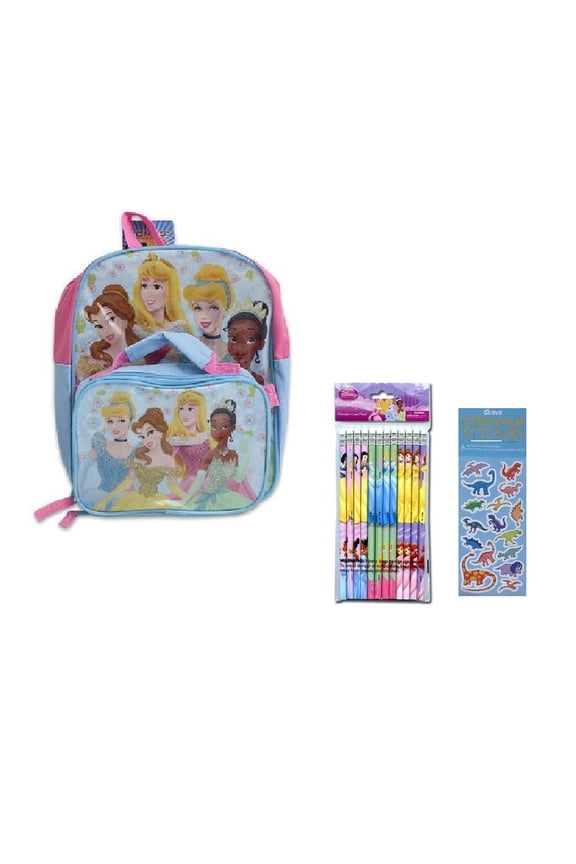 Disney Princess Toddler Backpack with Lunch Bag Bundle includes 1 Small Backpack with Lunch Bags, 12 Pencils, 1 Dinosaur Sticker Sheet