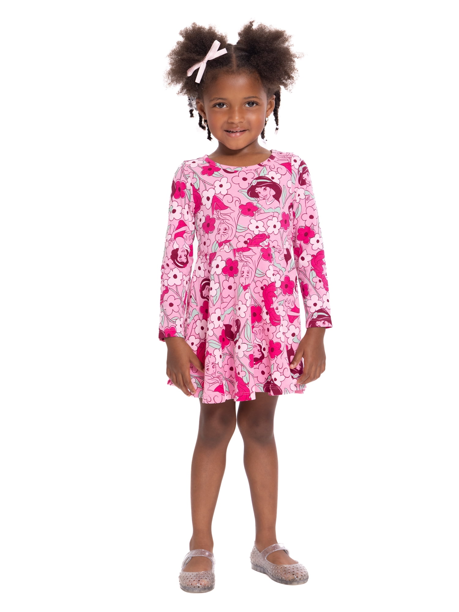 Disney Princess Toddler Girl Long Sleeve All Over Print Dress, Sizes 12M-5T Disney Princess Toddler Girl Long Sleeve All Over Print Dress, Sizes 12M-5T