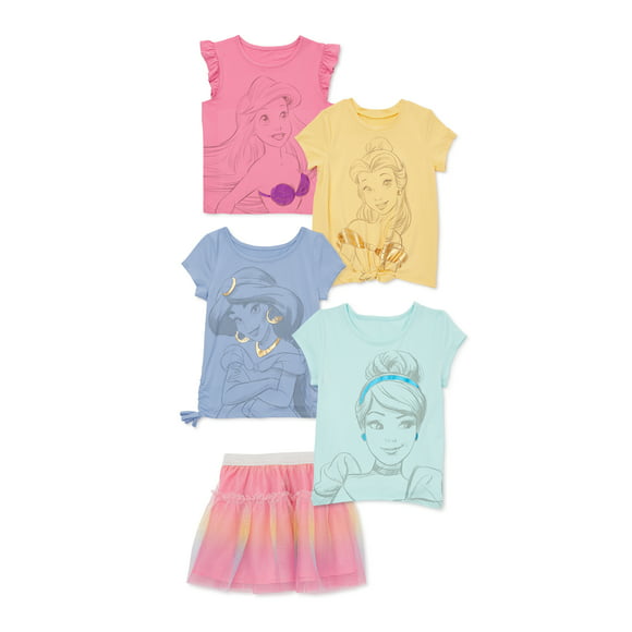 Disney Princess Toddler Girl Short Sleeve T-Shirts & Tutu Skirt Set, 5-Piece, Sizes 2T-5T