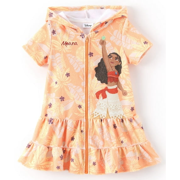 Disney Princess Toddler Girl Swim Cover Up Moana Graphic Polka Dot Hoodie Zipper Ruffle Bathrobe Size 3-4T