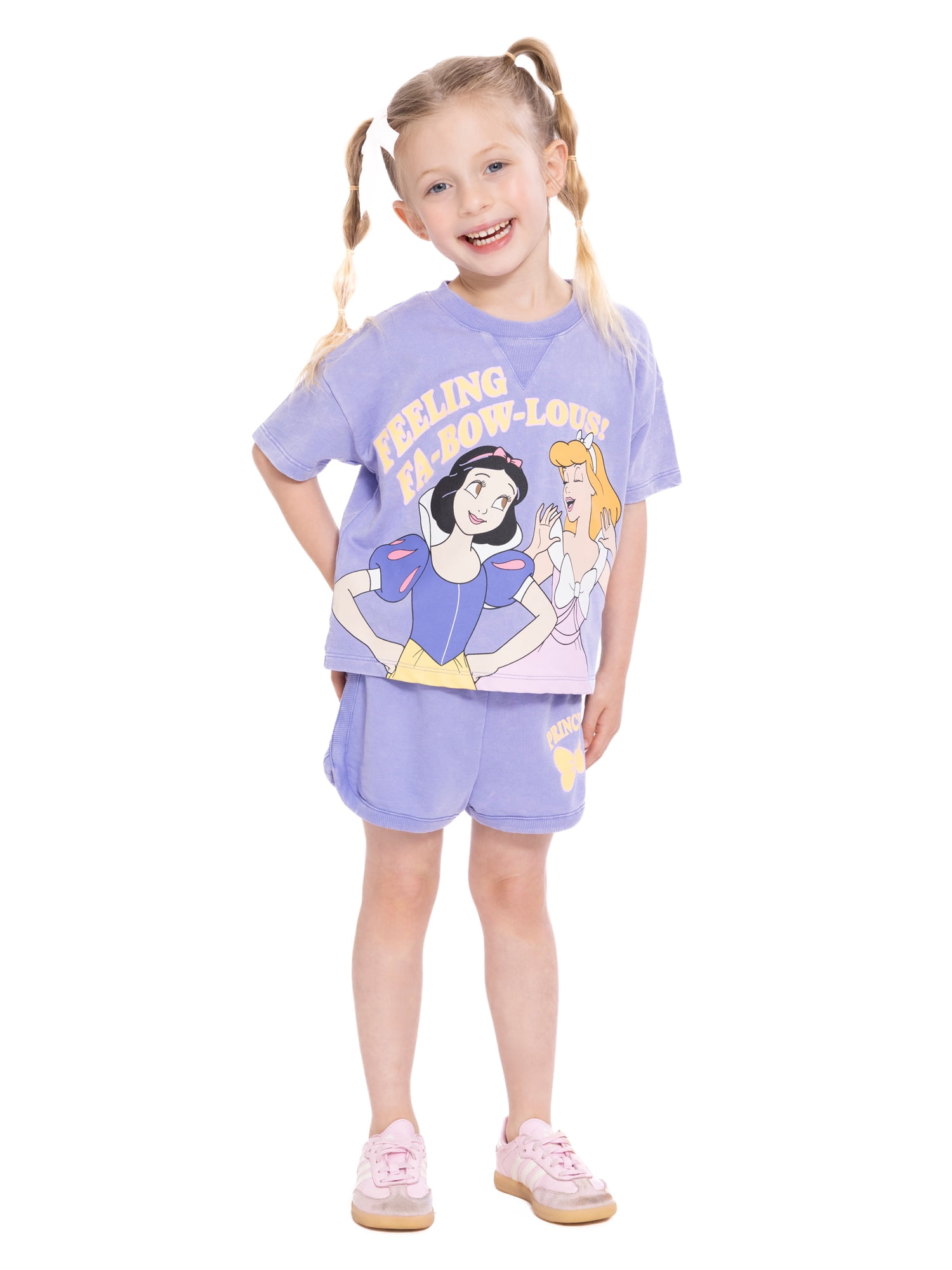 Disney Princess Toddler Girl's Short Sleeve Washed Graphic Crewneck Top with Matching Dolphin Short, Sizes 12M-5T