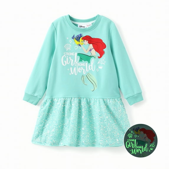 Disney Princess Toddler Girls Dresses Ariel Graphic Glow In The Dark Sequins Long Sleeves Dress Sizes 3-6