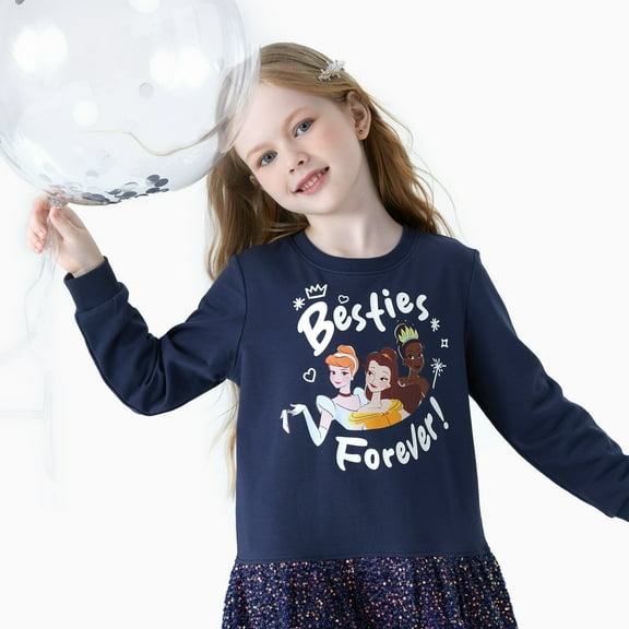Disney Princess Toddler Girls Dresses Belle Cinderella Tiana Graphic Glow In The Dark Sequins Long Sleeves Dress Sizes 3-6