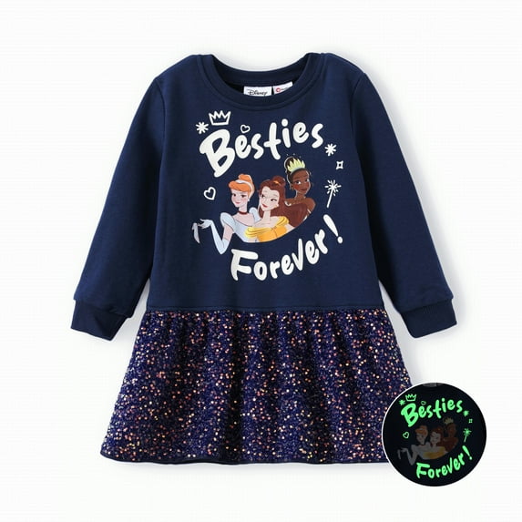 Disney Princess Toddler Girls Dresses Belle Cinderella Tiana Graphic Glow In The Dark Sequins Long Sleeves Dress Sizes 3-6