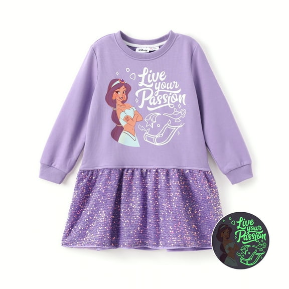 Disney Princess Toddler Girls Dresses Jasmine Graphic Glow In The Dark Sequins Long Sleeves Dress Sizes 3-6