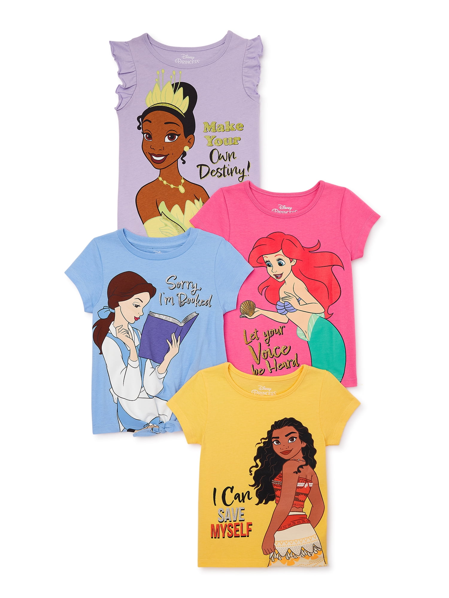 Disney Princess Toddler Girls Fashion T-Shirts with Short Sleeves, 4-Pack,  Sizes 2T-5T 