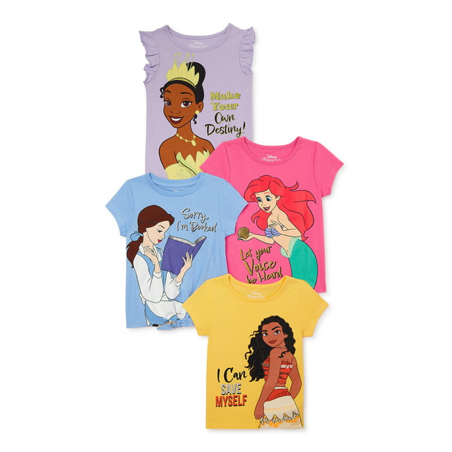 Disney Princess Toddler Girls Fashion T-Shirts with Short Sleeves, 4-Pack, Sizes 2T-5T