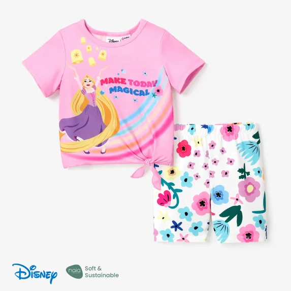 Disney Princess Toddler Girls Graphic Tee with Floral Legging Shorts Rapunzel Short Sleeve Outfits Sets Sizes 3-10T