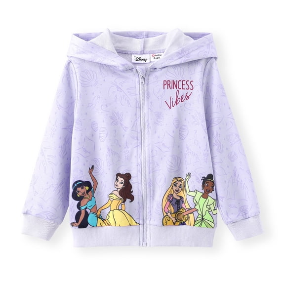 Disney Princess Toddler Girls Hoodies Jasmine/Belle/Tiana/Rapunzel Purple Border Paterrn Zip-Up Varsity Jacket Sizes 2-6