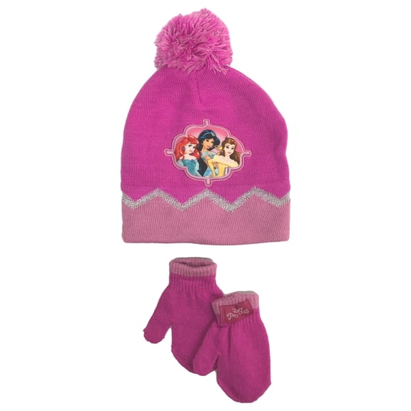 Disney Princess Toddler Girls Pink Pom Beanie & Mittens Stocking Cap Hat Set
