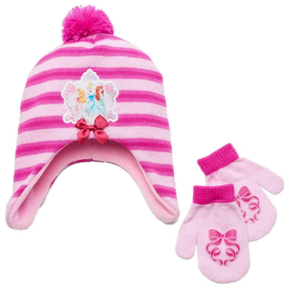Disney Princess Toddler Girls Pink Striped Trapper Peruvian Hat & Mittens Set