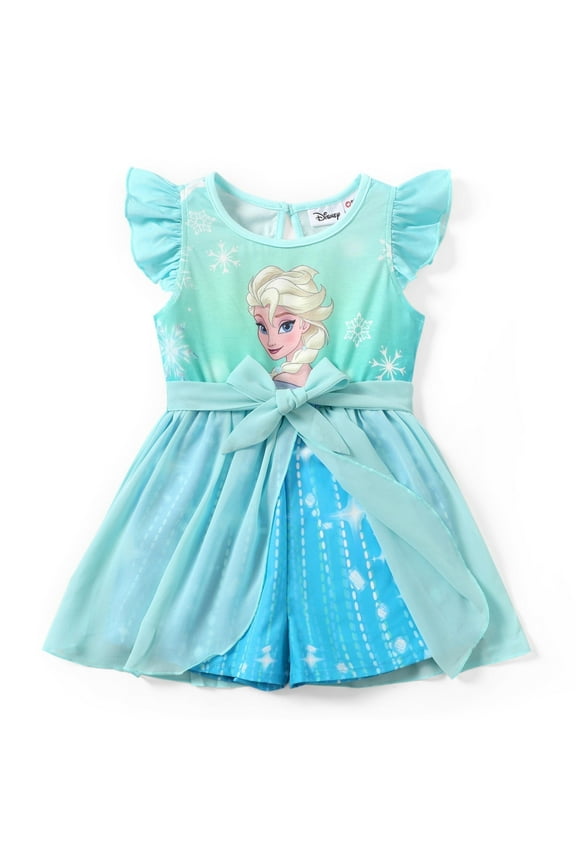 Princess Toddler Girls Romper Frozen Elsa Graphic Jumpsuit with Tulle Skirt Dresses Ruffled Sleeve Summer Outfits Sizes 2-6T