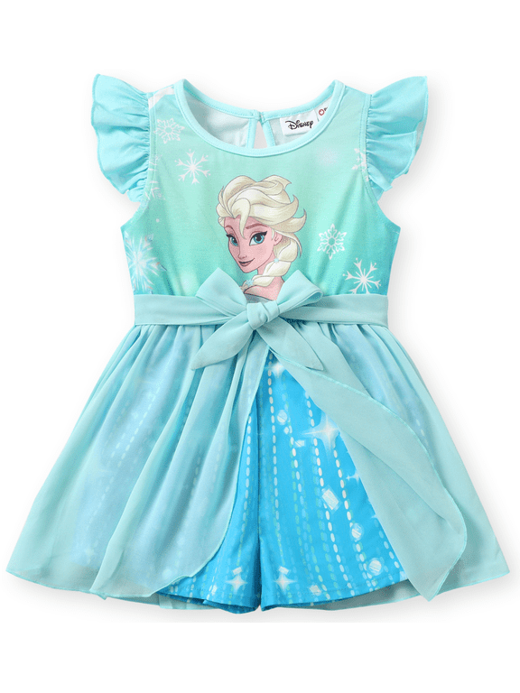 Princess Toddler Girls Romper Frozen Elsa Graphic Jumpsuit with Tulle Skirt Dresses Ruffled Sleeve Summer Outfits Sizes 2-6T