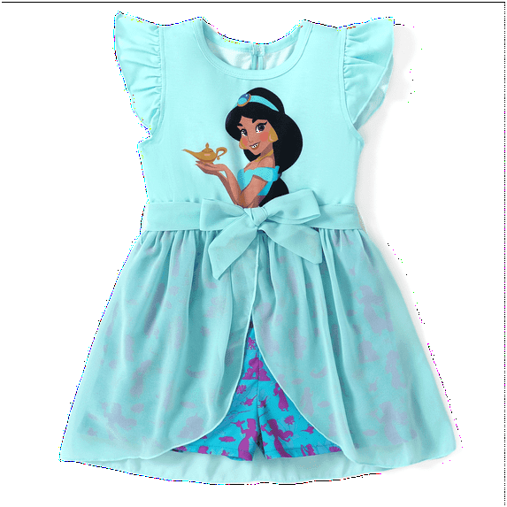 Disney Princess Toddler Girls Romper Jasmine Graphic Jumpsuit with Tulle Skirt Dresses Ruffled Sleeve Summer Outfits Sizes 2-6T