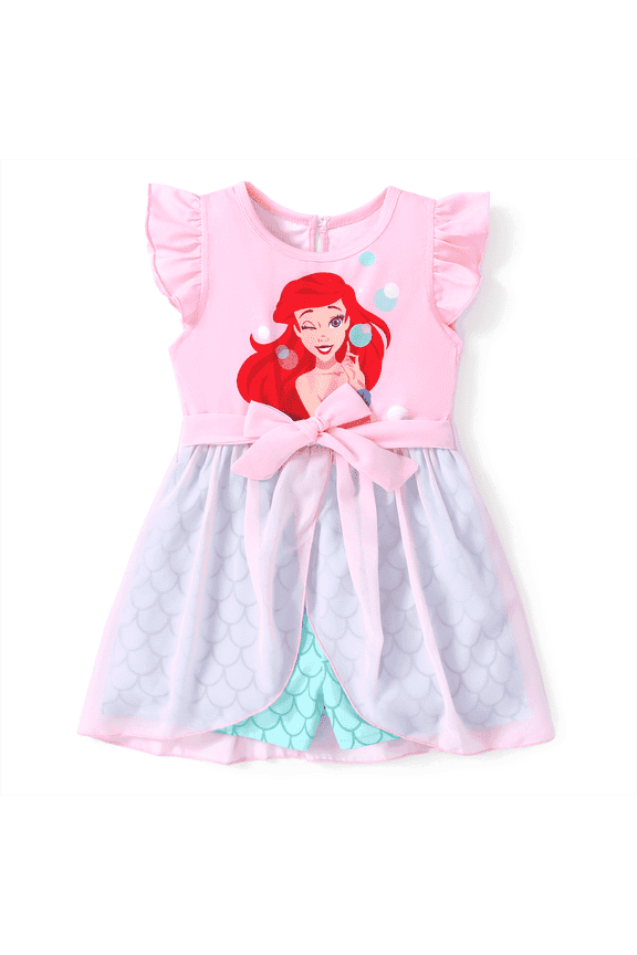 Princess Toddler Girls Romper Little Mermaid Ariel Graphic Jumpsuit with Tulle Skirt Dresses Summer Outfits Sizes 2-6T