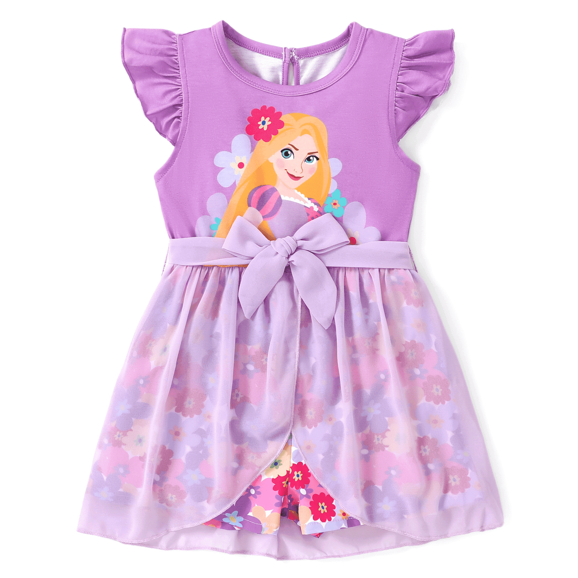 Disney Princess Toddler Girls Romper Rapunzel Graphic Jumpsuit with Tulle Skirt Dresses Ruffled Sleeve Summer