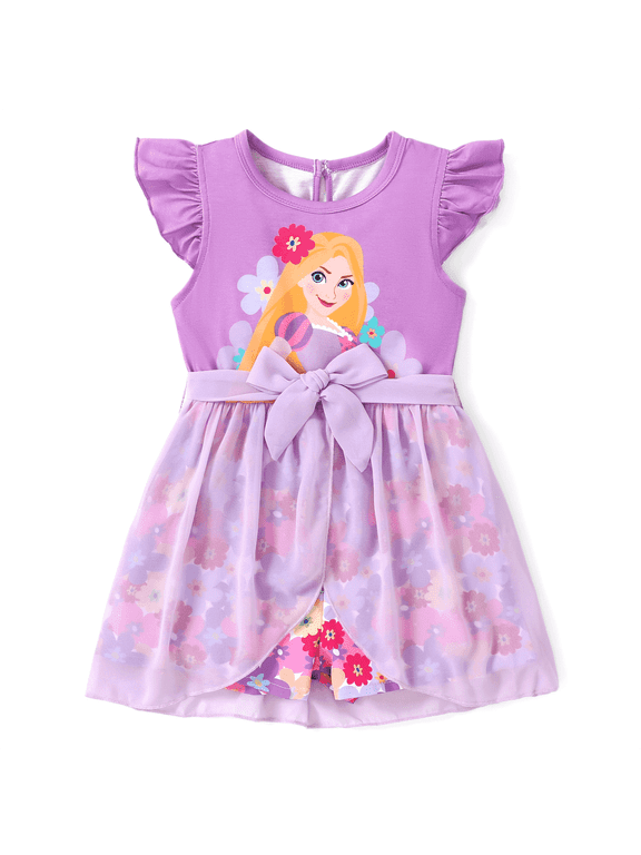 Princess Toddler Girls Romper Rapunzel Graphic Jumpsuit with Tulle Skirt Dresses Ruffled Sleeve Summer Outfits Sizes 2-6T