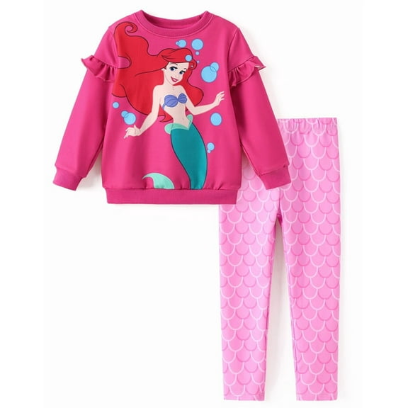 Disney Princess Toddler Girls Ruffle Sweatshirt and Leggings Ariel Graphic Pink Outfit 2-Piece Set 3-4Y