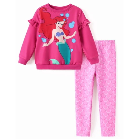 Disney Princess Toddler Girls Ruffle Sweatshirt and Leggings Ariel Graphic Pink Outfit 2-Piece Set 3Y