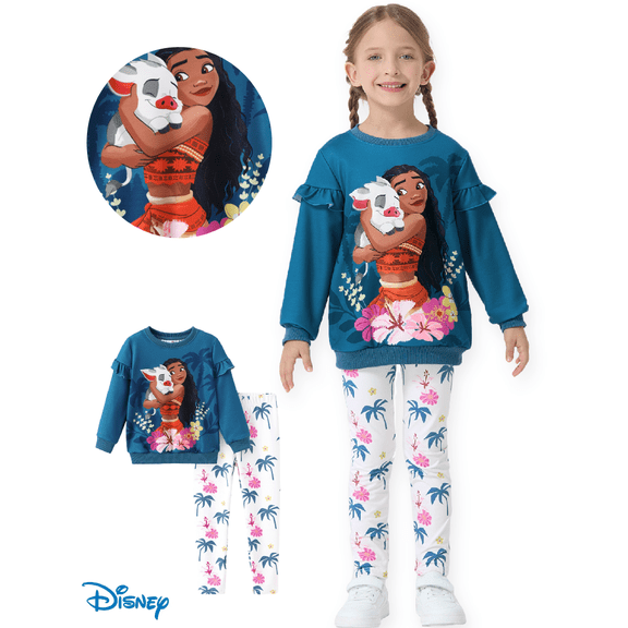 Disney Princess Toddler Girls Ruffle Sweatshirt and Leggings Moana Graphic Teal Outfit 2-Piece Set 5-6Y