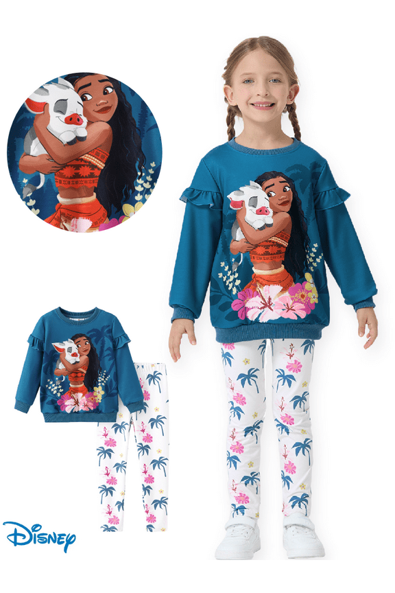 Princess Toddler Girls Ruffle Sweatshirt and Leggings Moana Graphic Teal Outfit 2-Piece Set 5-6Y