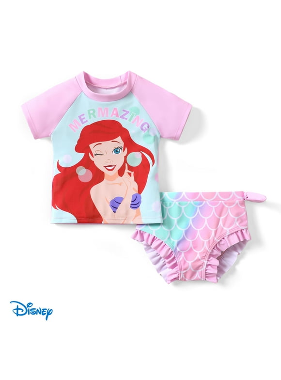 Disney Princess Toddler Girls Swimsuit Ariel Rapunzel Tiana Rash Guard 2 Pieces Set Sizes 2-6