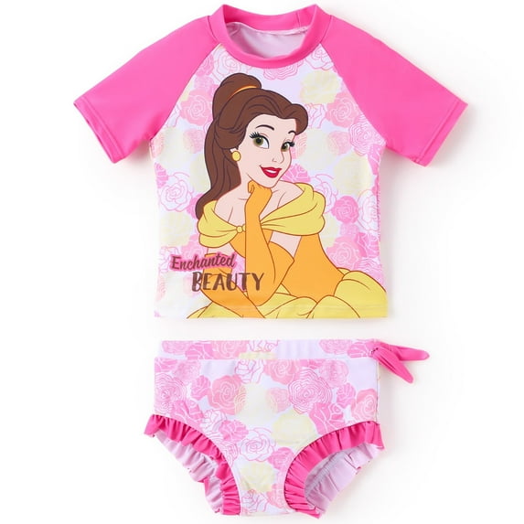 Disney Princess Toddler Girls Swimsuit Belle Rash Guard 2 Pieces Set Sizes 2-6