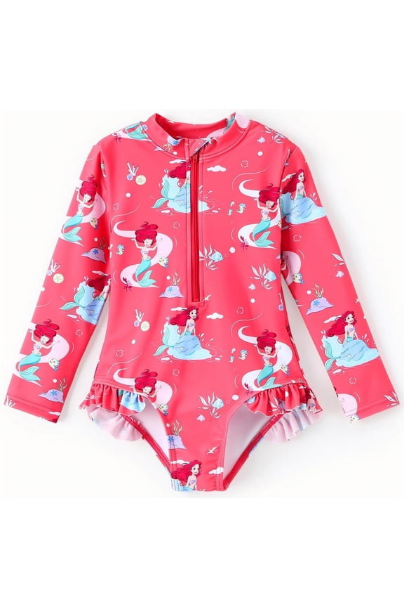 Princess Toddler Girls Swimsuits Ariel Zipper Rash Guard One Piece Bathing Suit Sizes 3M-6Y