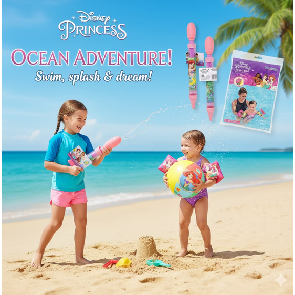 Disney Princess Water Play Set Armbands, Water Blasters & 20" Inflatable Beach Ball, Pool Toys for Kids Ages 3+