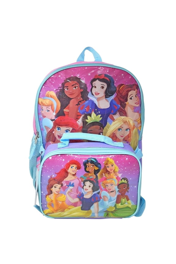 Princesses 16" Pink Shoulder Backpack for School with Rectangular Lunch Bag, For Girls