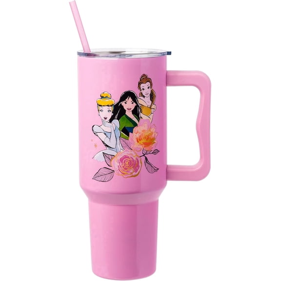 Silver Buffalo Disney Princess Featuring Cinderella, Mulan, Belle, Ariel, Tiana, and Jasmine Double Walled Stainless Steel Tumbler with Handle and Straw, Fits in Standard Cup Holder, 40 Ounces