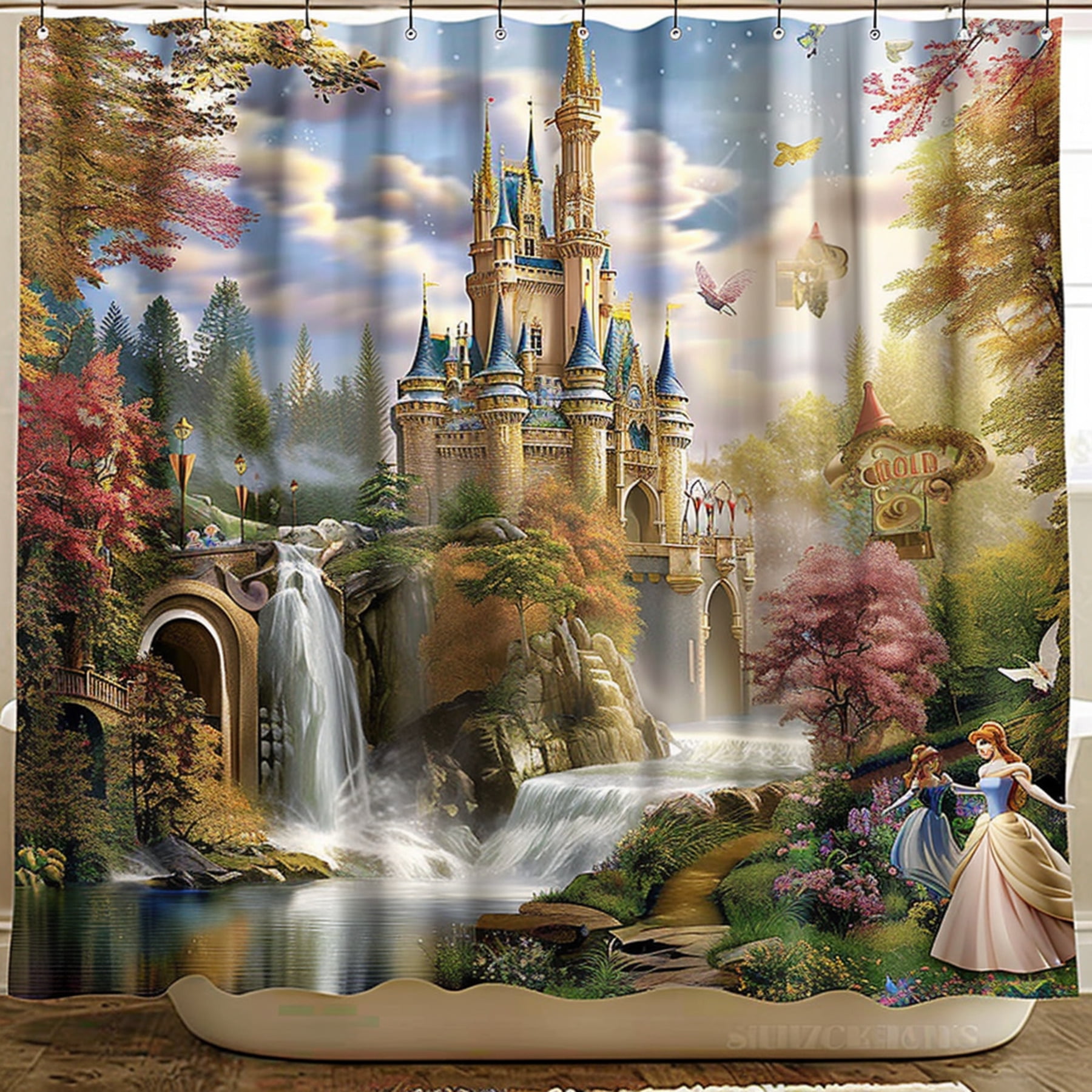 Disney Princesses Shower Curtain Cartoon Style Cinderella Castle
