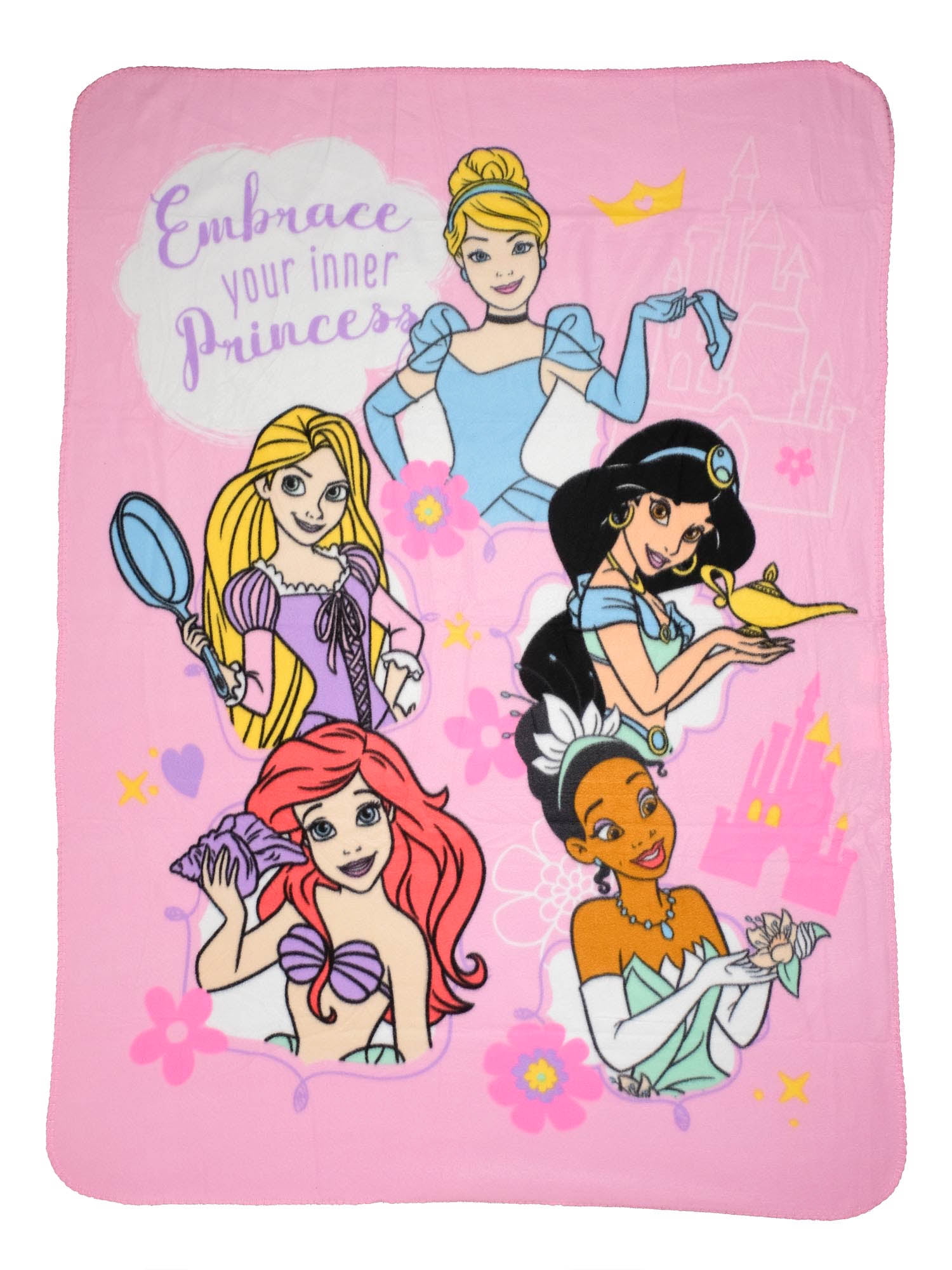 Disney Princesses Throw Blanket 45x60 Ariel Jasmine Tiana Rapunzel Girls Pink