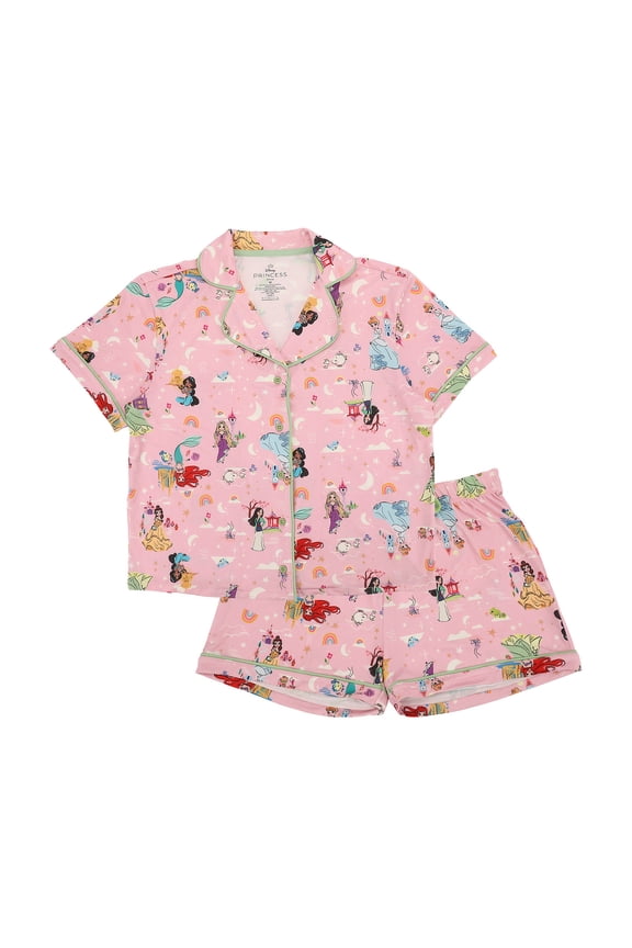 Disney Princesses Women’s Notch Collar Button-Down Shirt and Shorts Sleepwear Set -Large