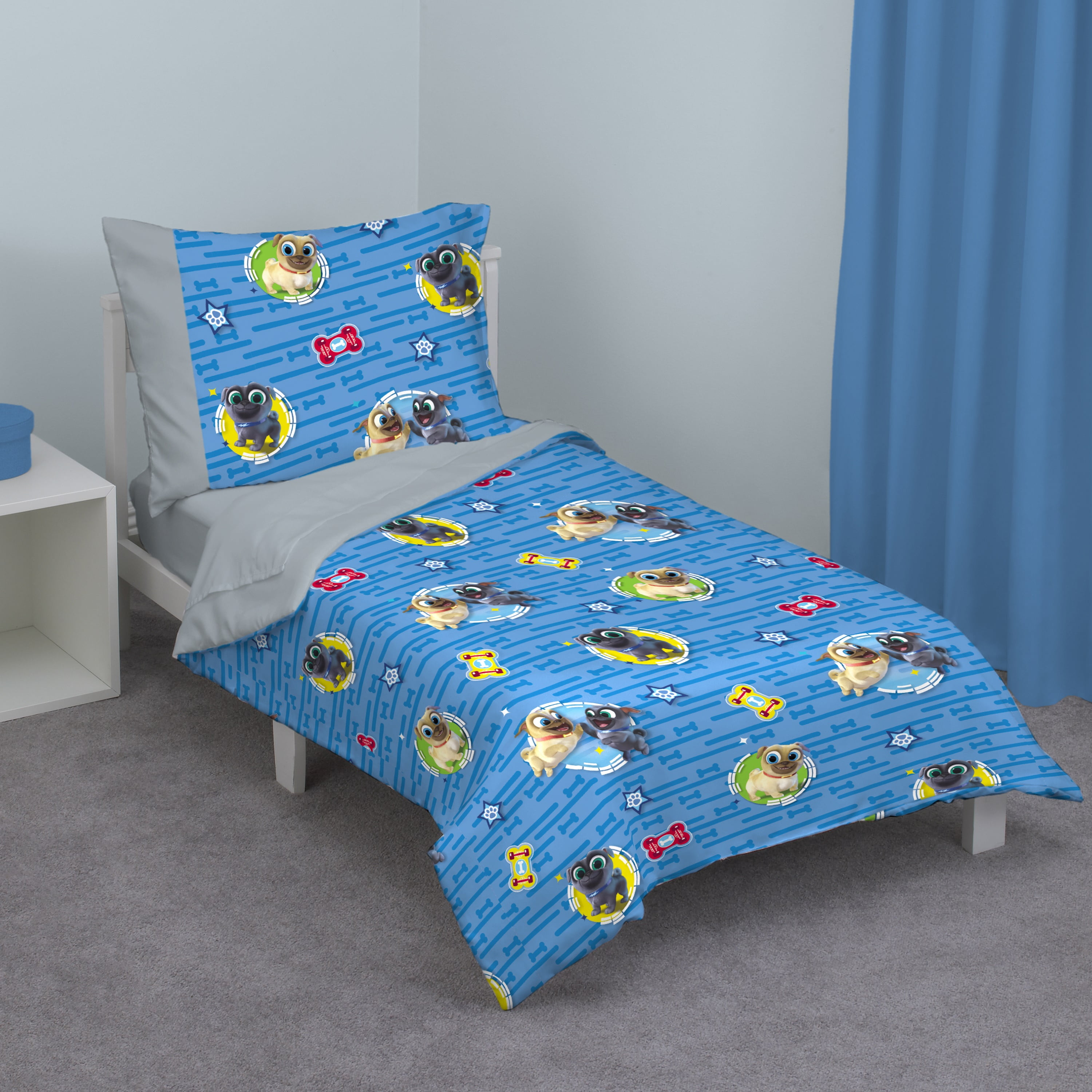 Disney Puppy Dog Pals 4-Piece Royal Blue, Grey Toddler Bedding Set