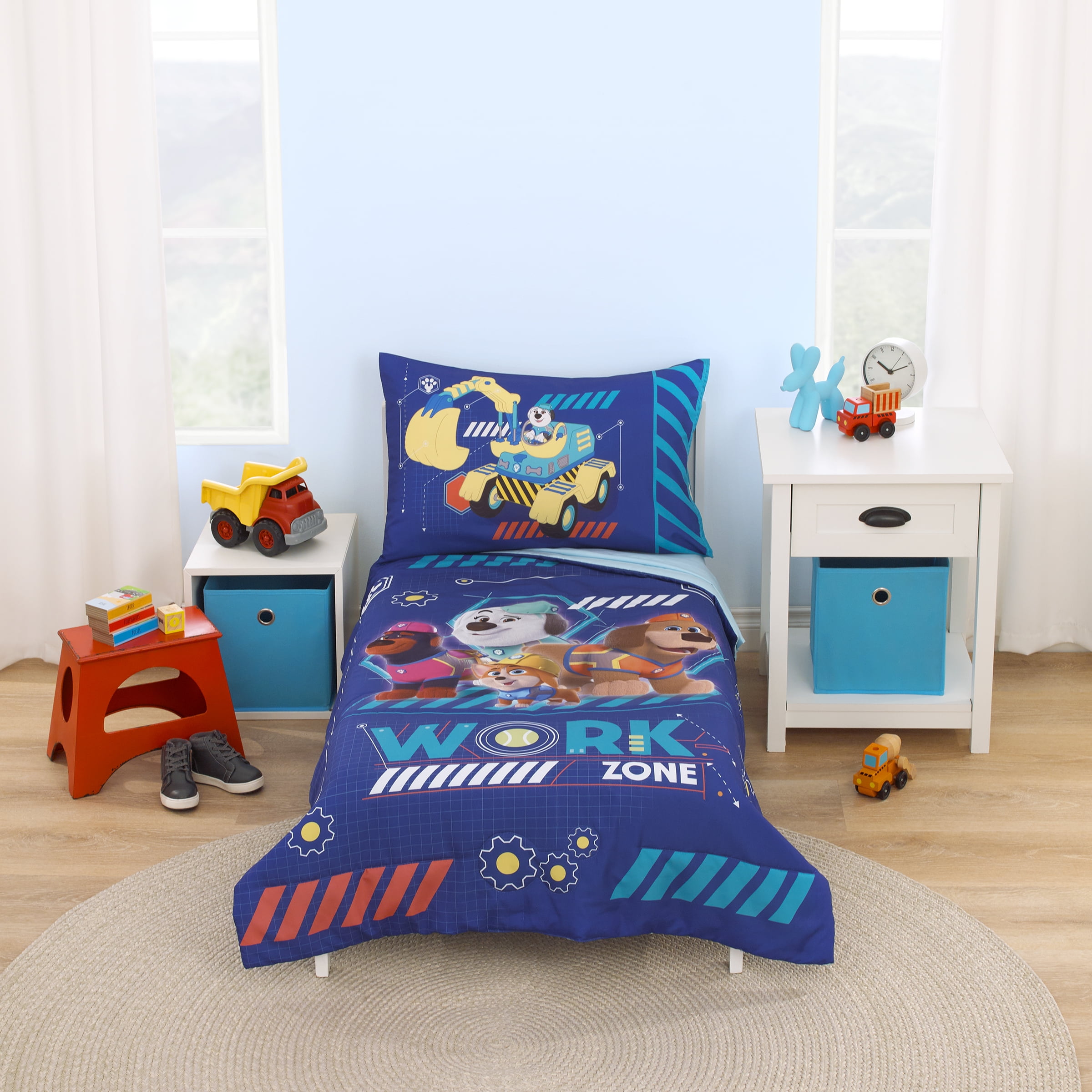 Navy and Aqua Reversible Pupstruction Toddler Bedding Set