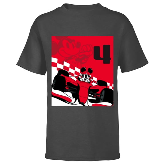 Disney Racing 4th Birthday 4 Years Old Mickey Mouse Race Car - Short Sleeve T-Shirt for Kids - Customized-Charcoal Heather